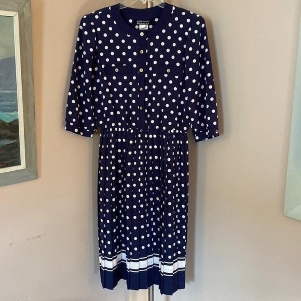 Vintage‎ Breli Originals Blue White Polka Dot Pleated Midi Dress Anchor
